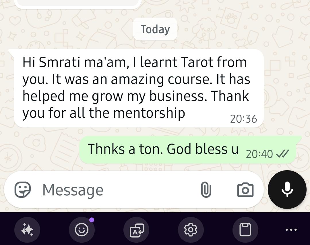 I learnt Tarot from you. It has helped me grow my business. Thank you for all the mentorship.