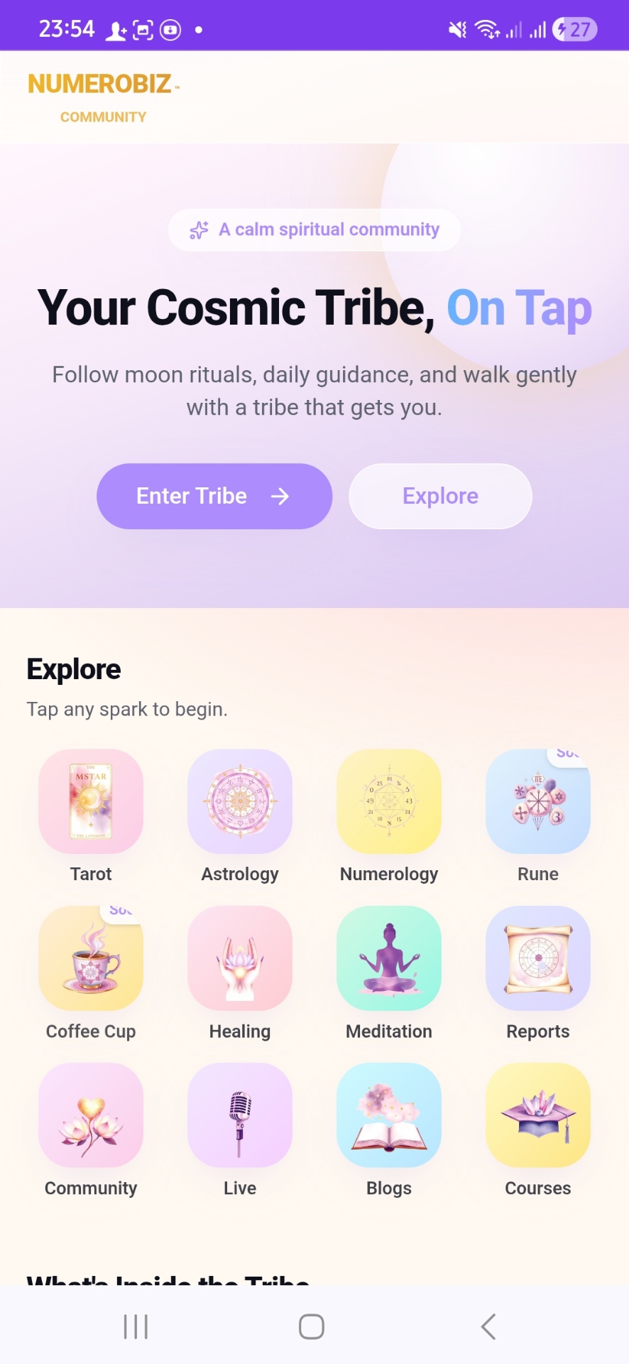 Explore panel · Tarot, Astrology, Numerology, Rune, Healing & more