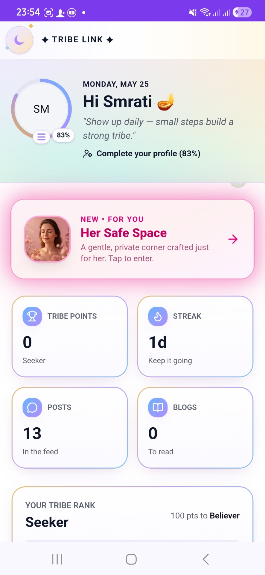 Tribe Link dashboard · streaks, points & micro-learning progress