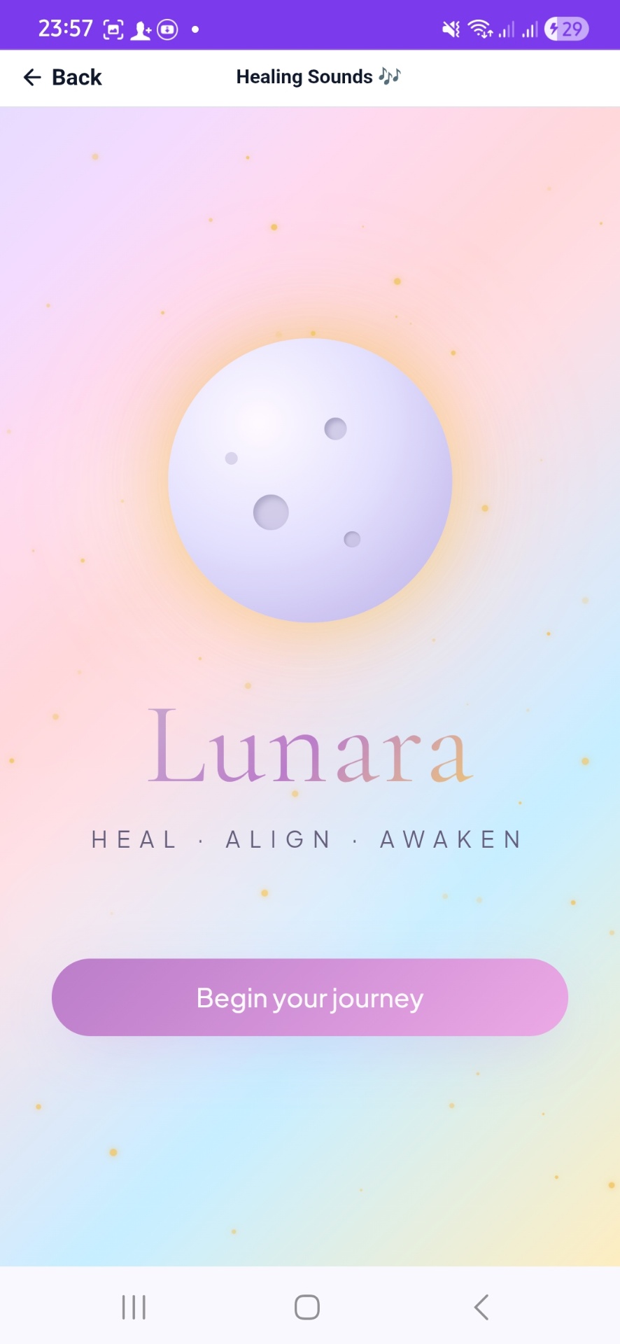 Lunara · in-app healing sounds · Heal · Align · Awaken