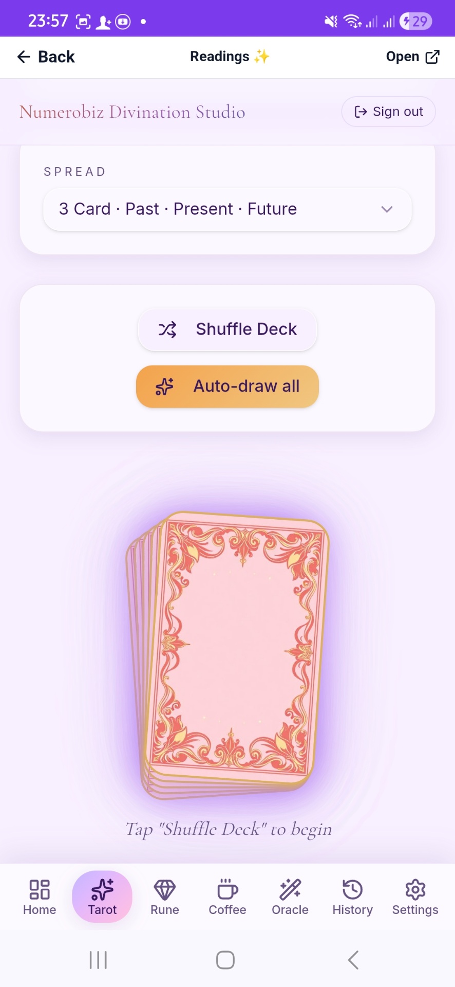 Divination Studio · shuffle the deck, generate real tarot reports
